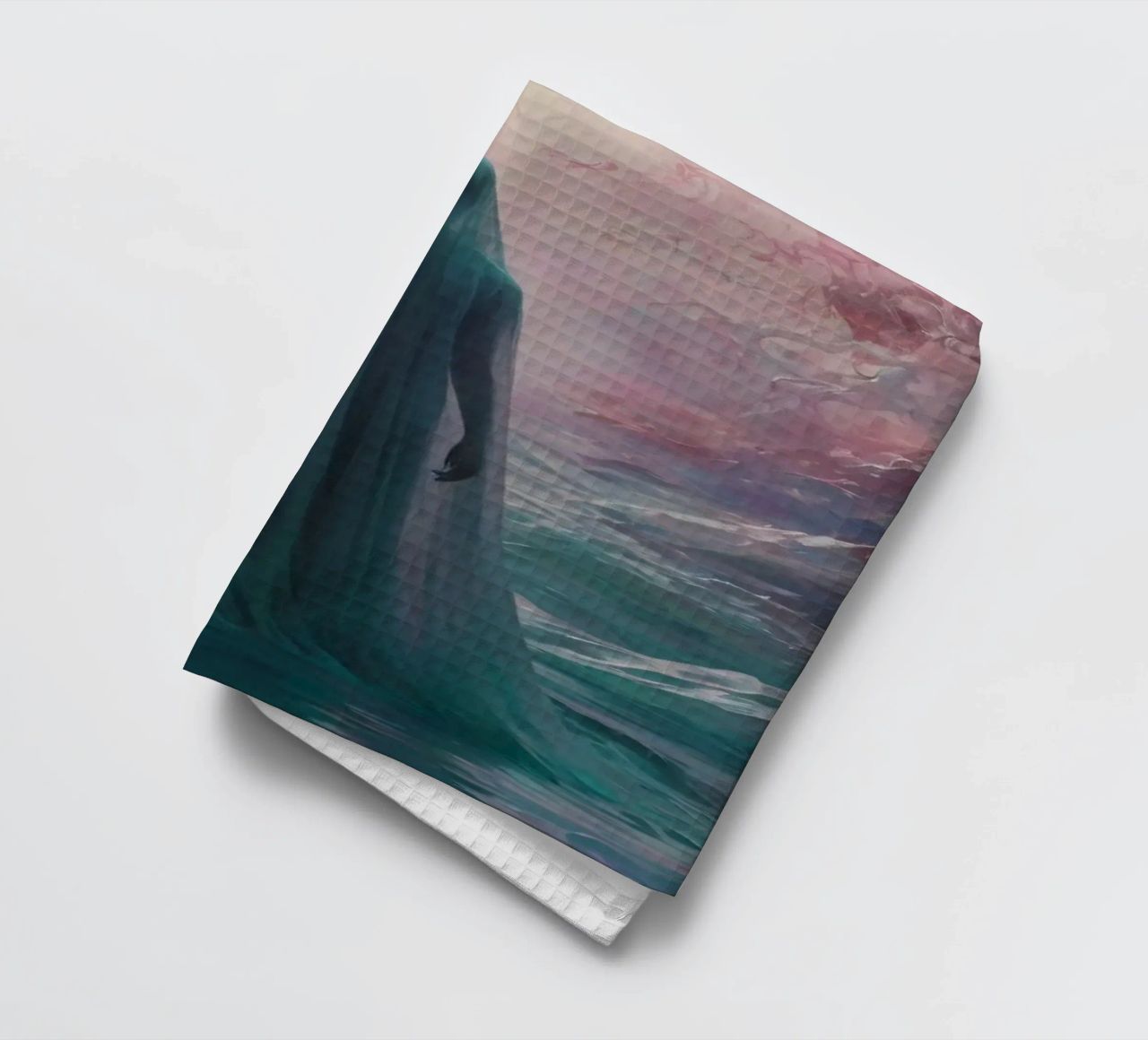 womanin flowing gown stands in calm waters torchon de DesignDoodle