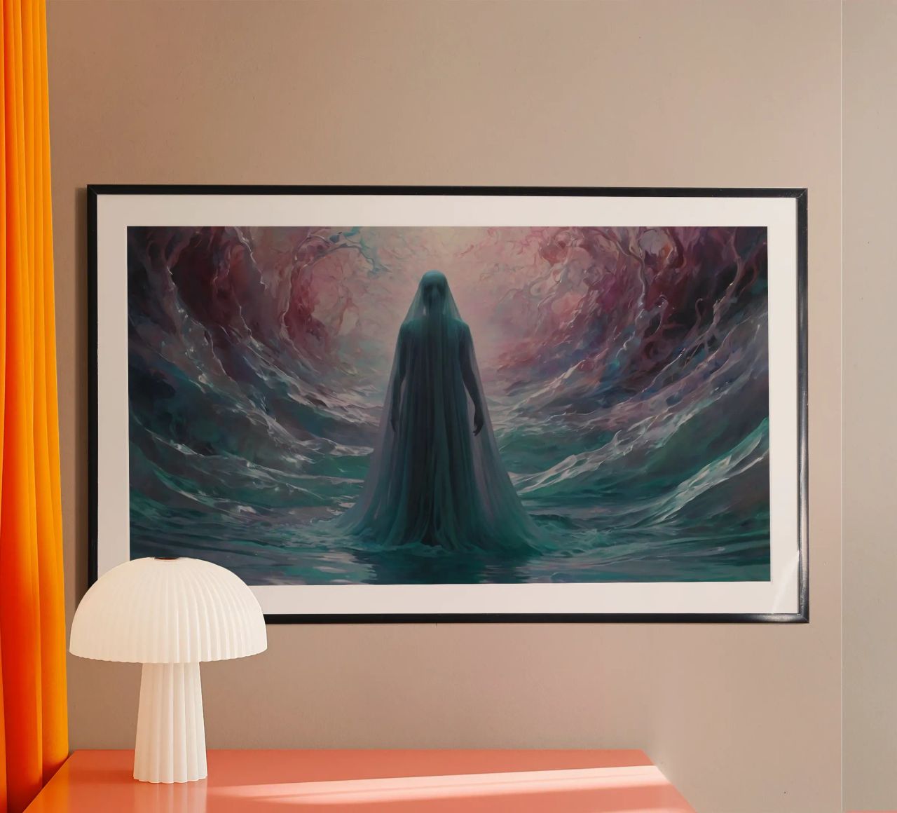womanin flowing gown stands in calm waters poster da DesignDoodle