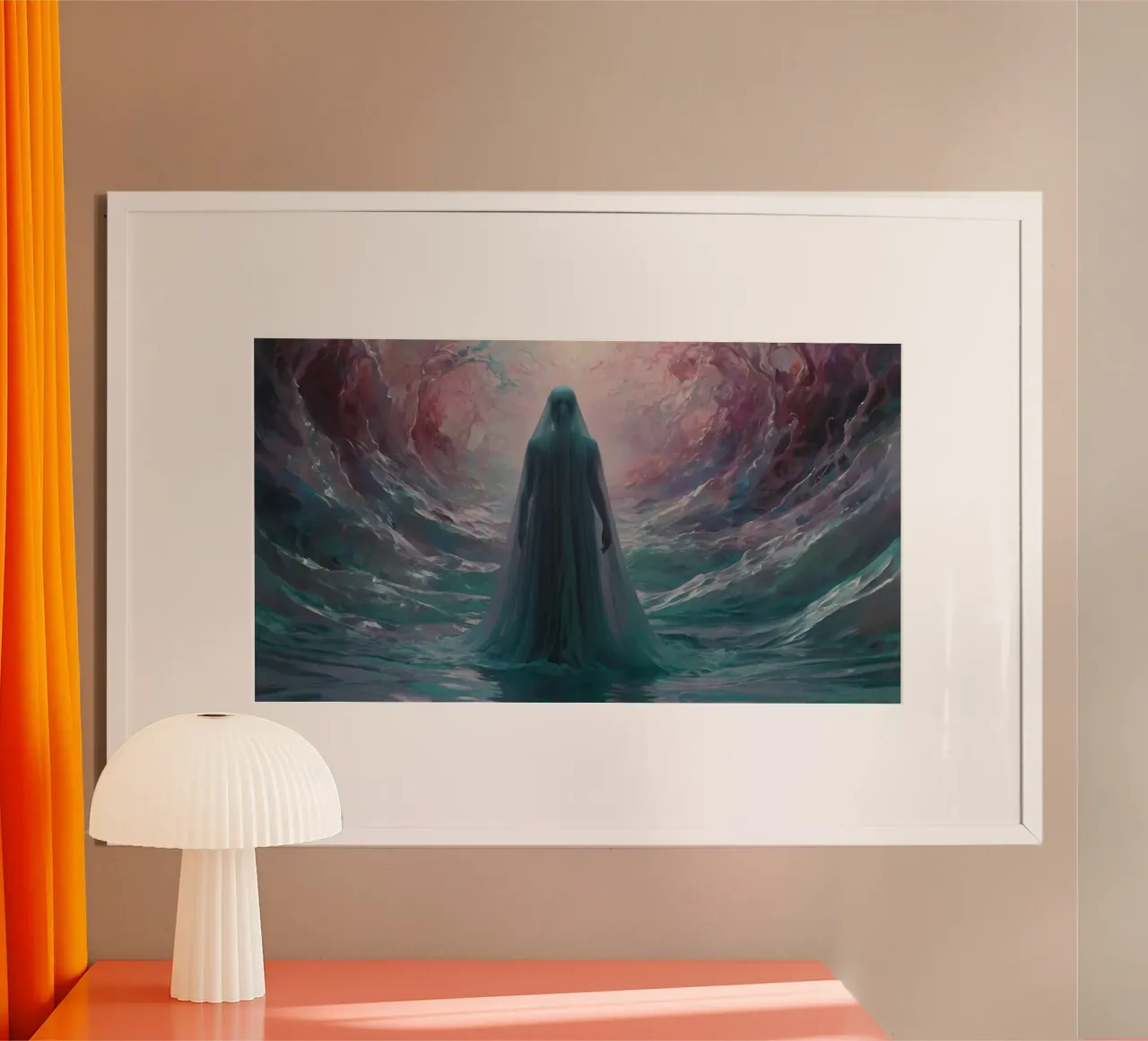 womanin flowing gown stands in calm waters poster da DesignDoodle