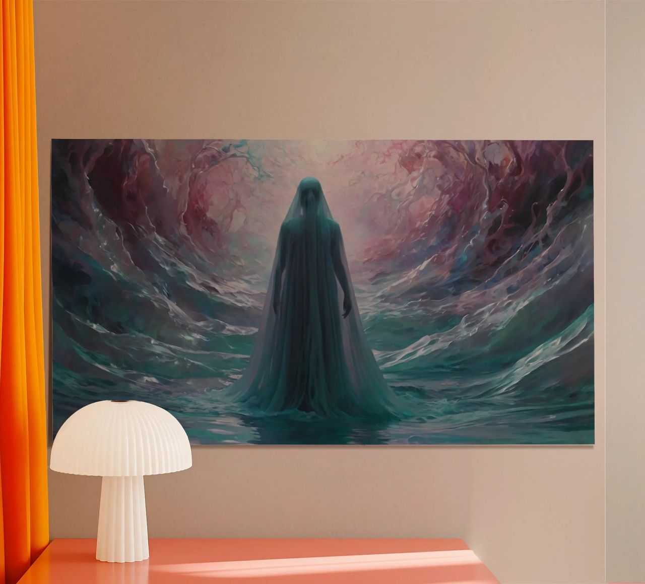 womanin flowing gown stands in calm waters poster da DesignDoodle