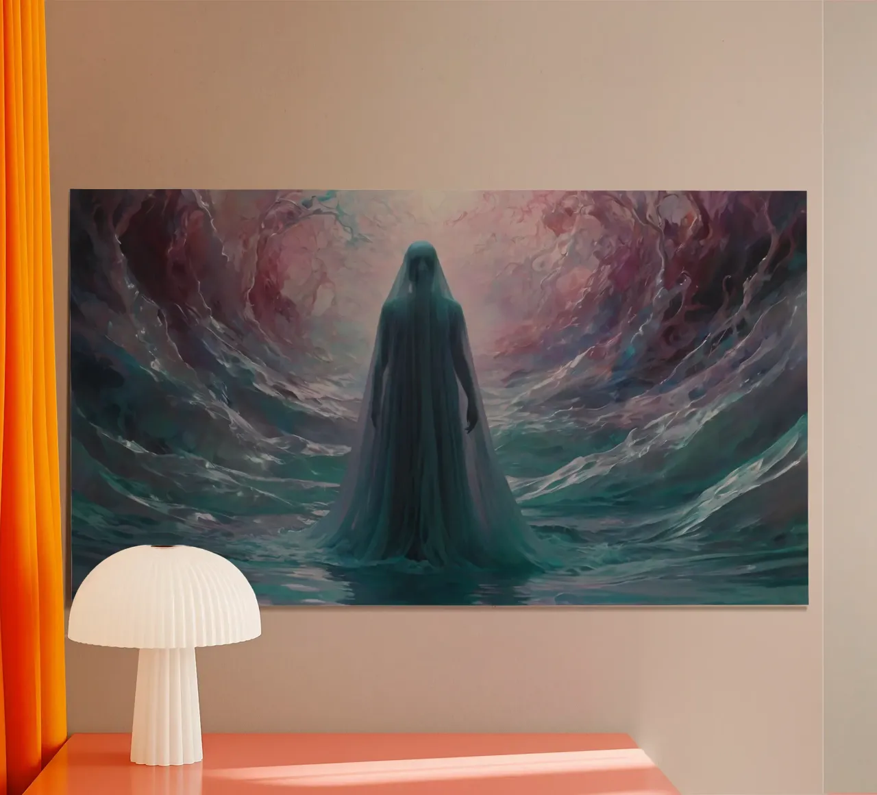 womanin flowing gown stands in calm waters poster da DesignDoodle