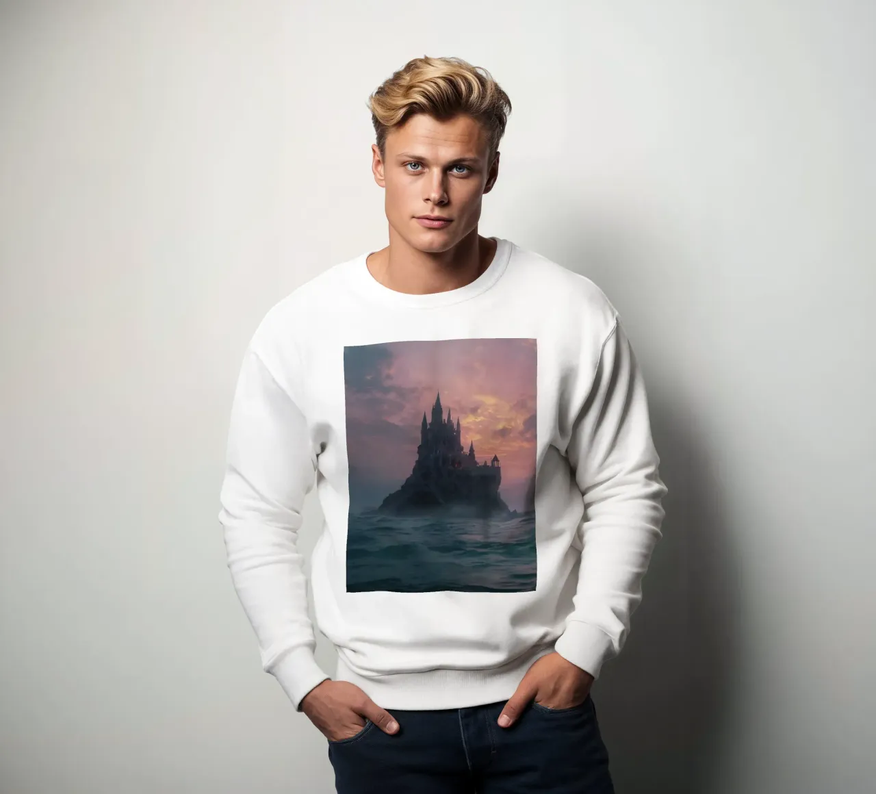 Un castello mistico sorge dall'oceano al tramonto felpa da DesignDoodle