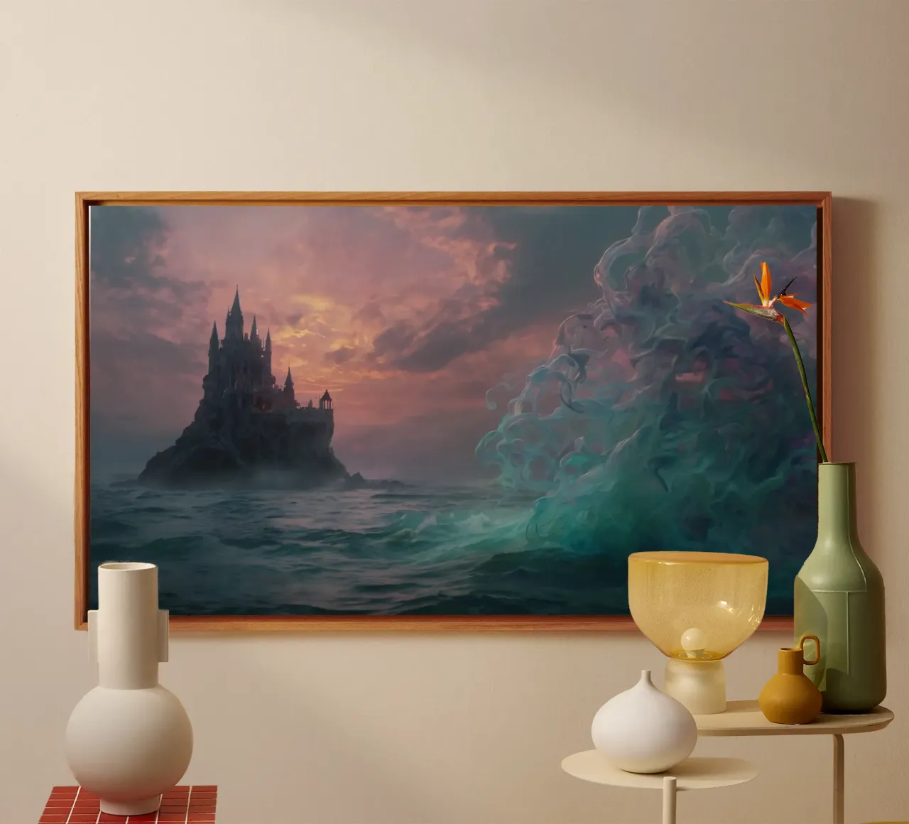 A mystical castle rises from the ocean at sunset canvas with Floater frame by DesignDoodle