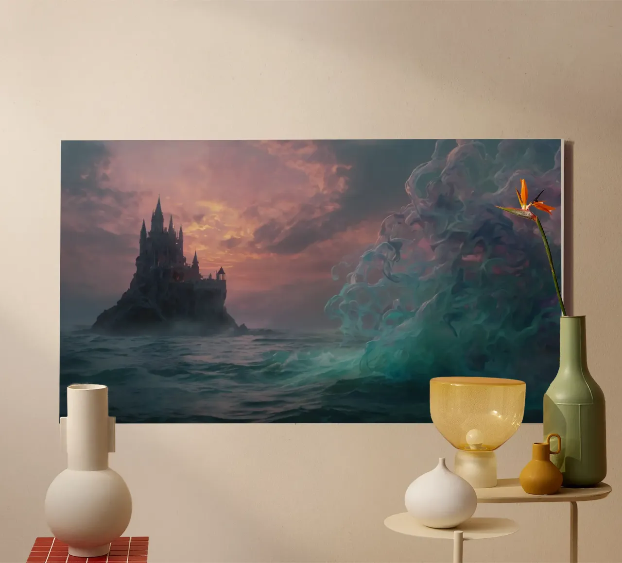 A mystical castle rises from the ocean at sunset canvas with Floater frame by DesignDoodle