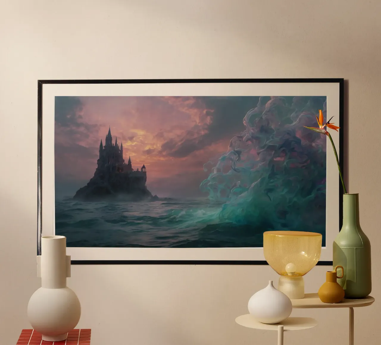 Un castillo místico surge del océano al atardecer poster de DesignDoodle