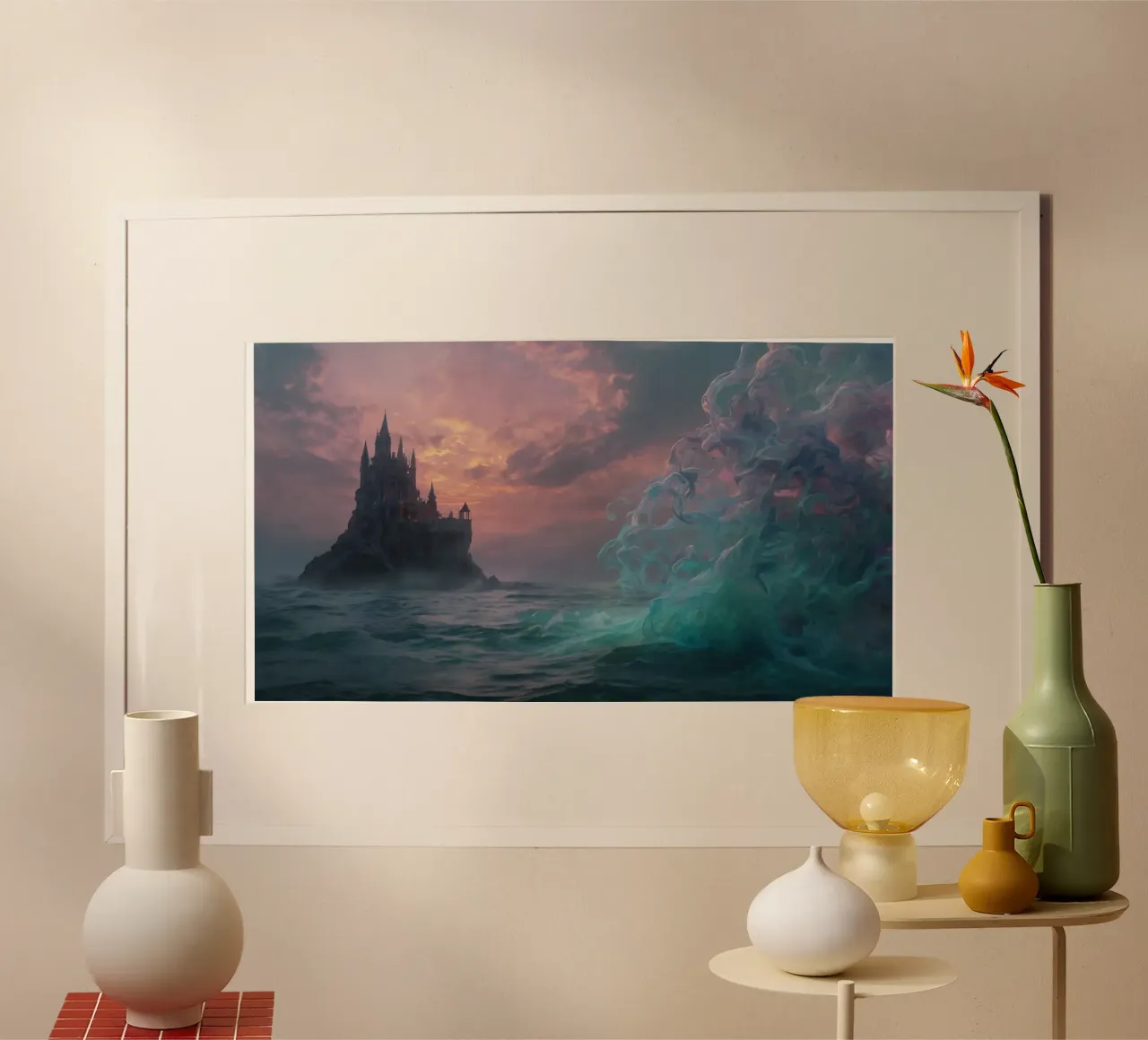 Un castillo místico surge del océano al atardecer poster de DesignDoodle