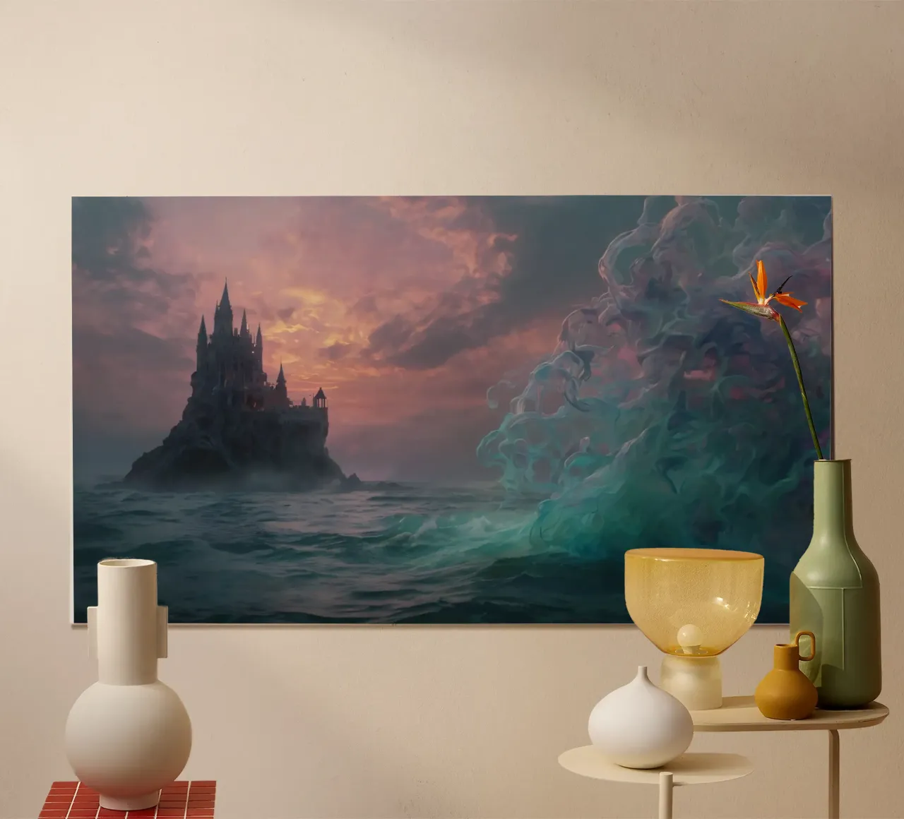 Un castillo místico surge del océano al atardecer poster de DesignDoodle
