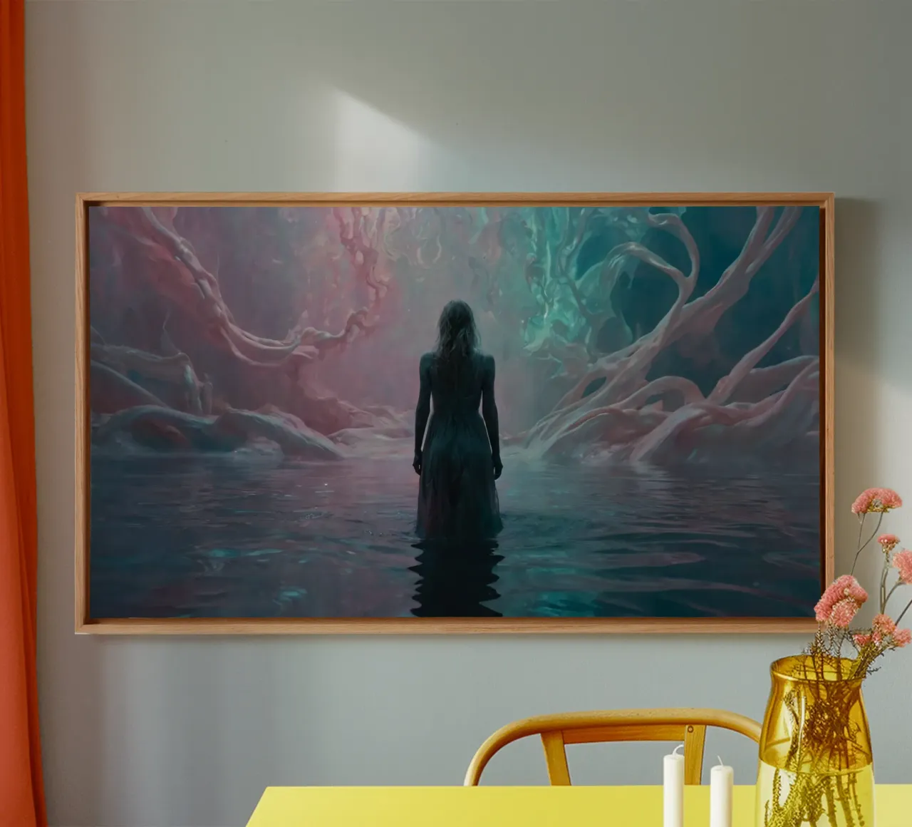 A lone figure stands in reflective waters surrounded canvas with Floater frame by DesignDoodle