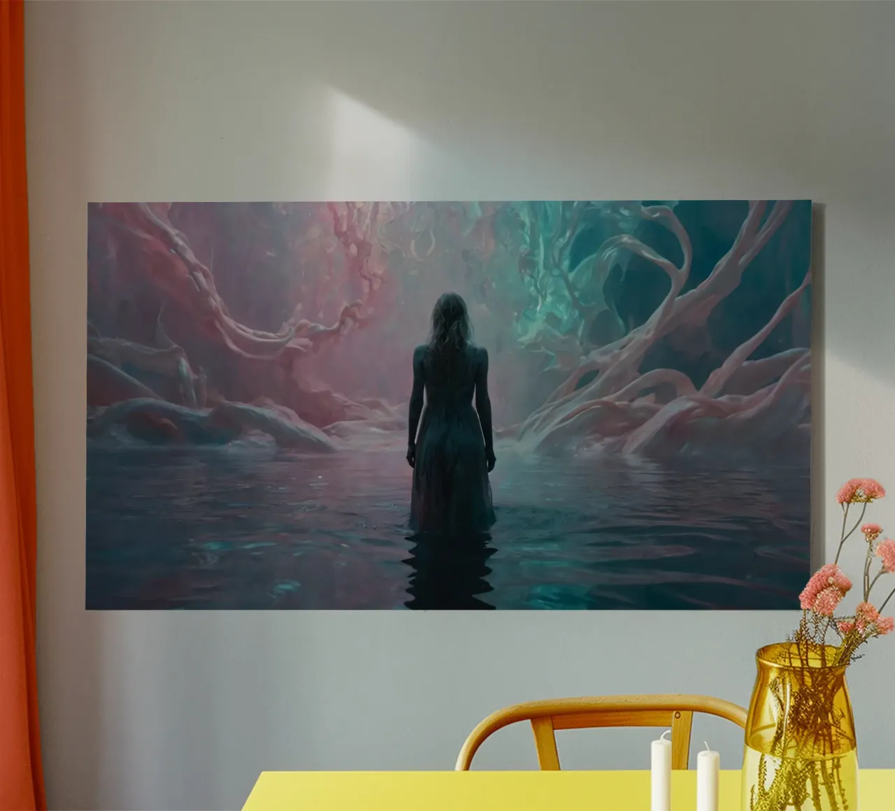 A lone figure stands in reflective waters surrounded canvas with Floater frame by DesignDoodle