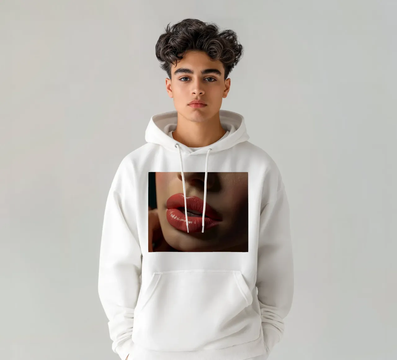 Primer plano de los labios de una mujer que lucen una barra de labios coral brillante sudadera con capucha de DesignDoodle