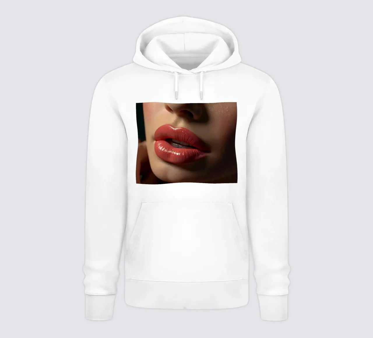 Primer plano de los labios de una mujer que lucen una barra de labios coral brillante sudadera con capucha de DesignDoodle