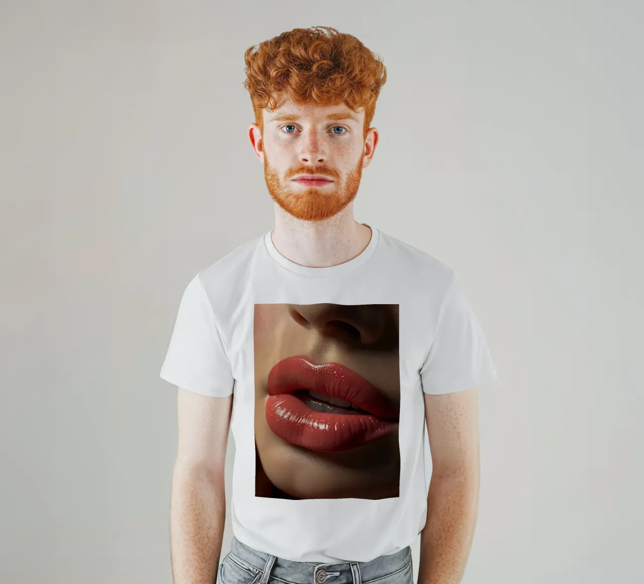 Primer plano de los labios de una mujer que lucen una barra de labios coral brillante camiseta de DesignDoodle
