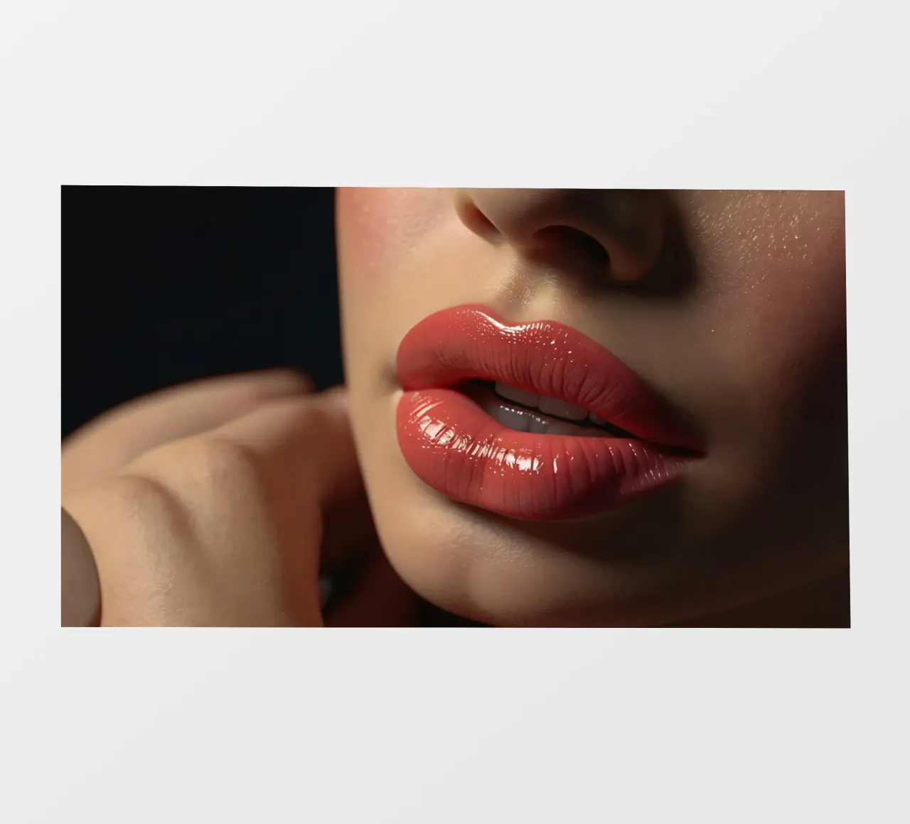 Primer plano de los labios de una mujer que lucen una barra de labios coral brillante lámina retroiluminada de DesignDoodle