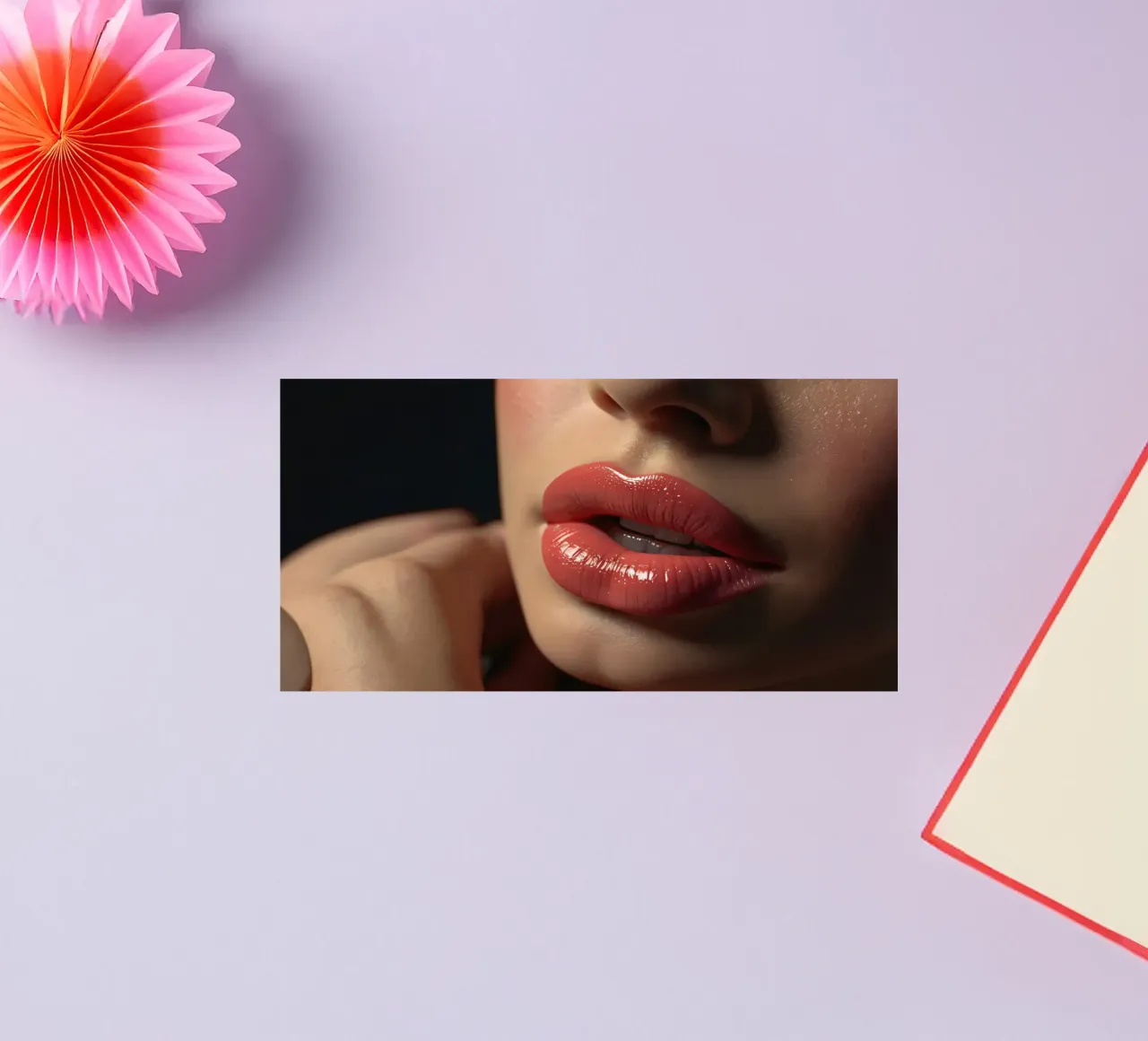 Primer plano de los labios de una mujer que lucen una barra de labios coral brillante pegatina de DesignDoodle