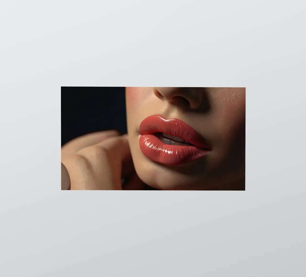 Primer plano de los labios de una mujer que lucen una barra de labios coral brillante pegatina de DesignDoodle