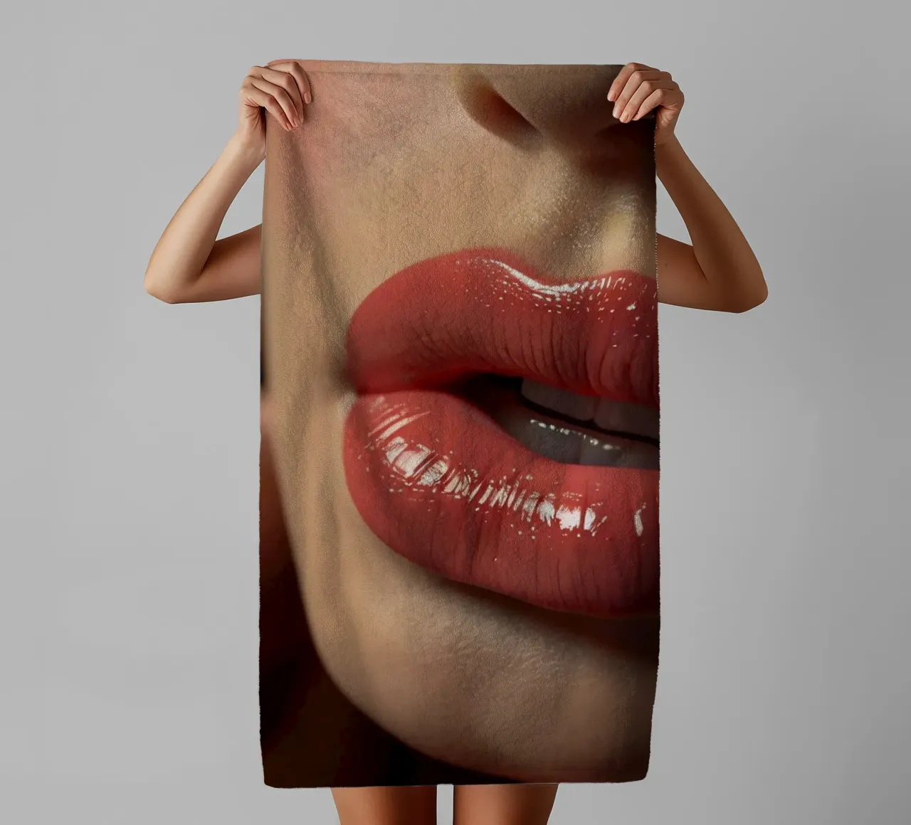Close-up of a woman's lips showcasing glossy coral lipstick towel by DesignDoodle