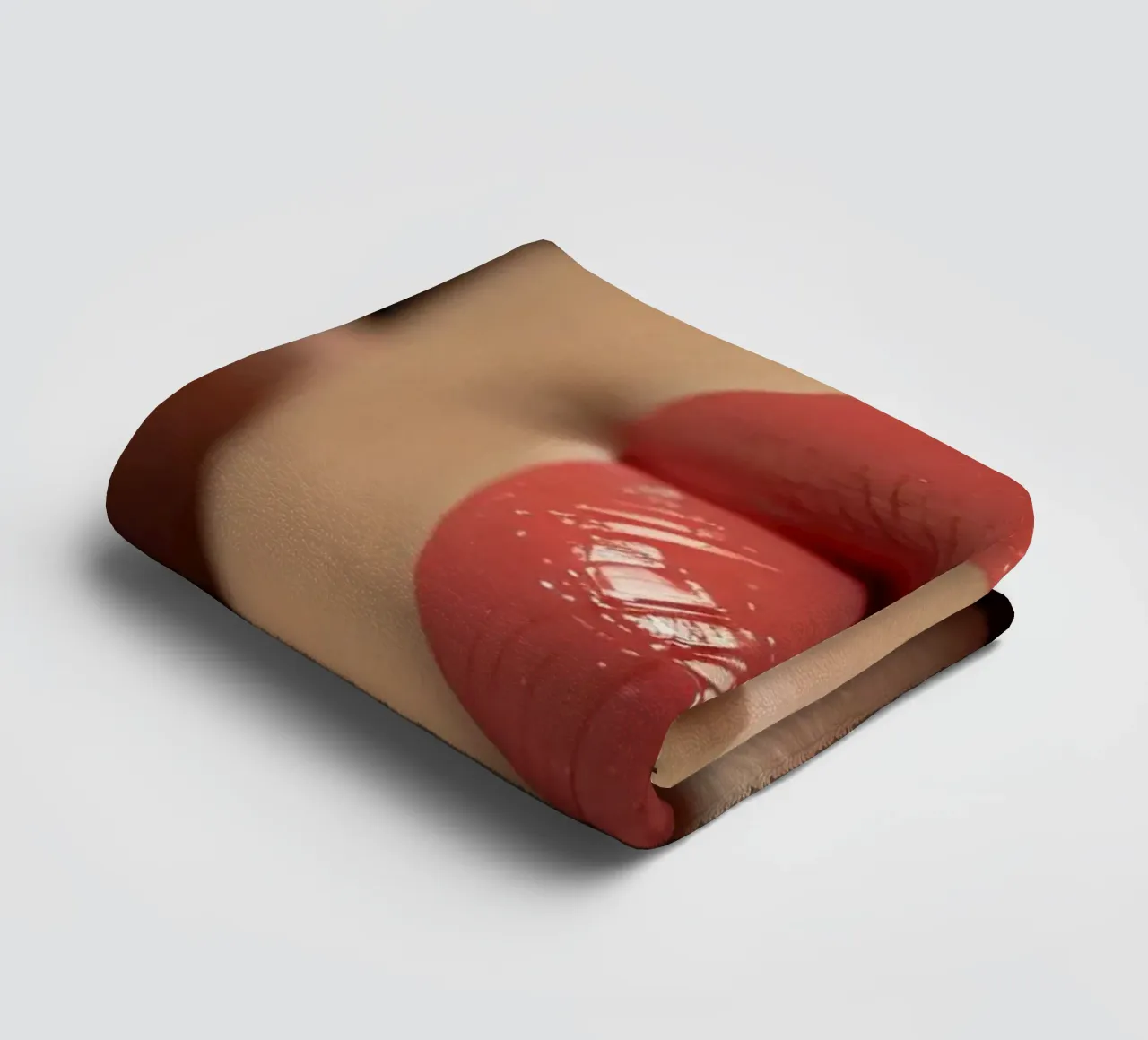 Close-up of a woman's lips showcasing glossy coral lipstick towel by DesignDoodle