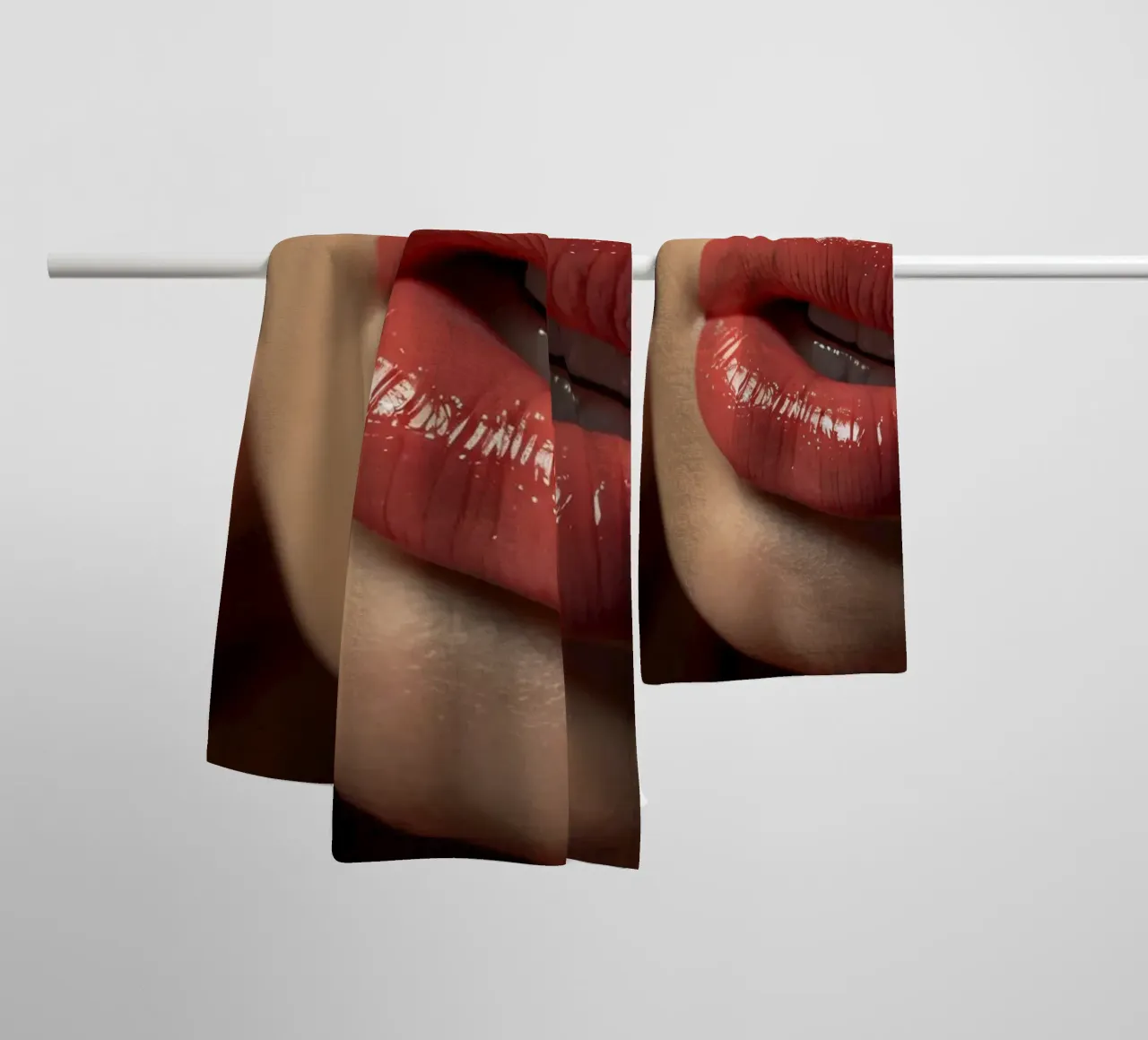 Close-up of a woman's lips showcasing glossy coral lipstick towel by DesignDoodle
