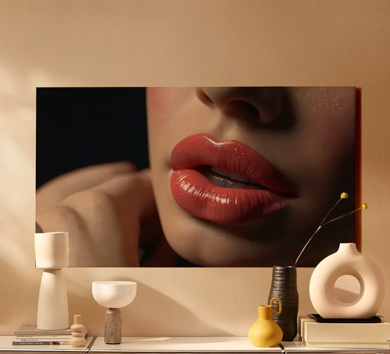 Primer plano de los labios de una mujer que lucen una barra de labios coral brillante lienzo con Marco flotante de DesignDoodle