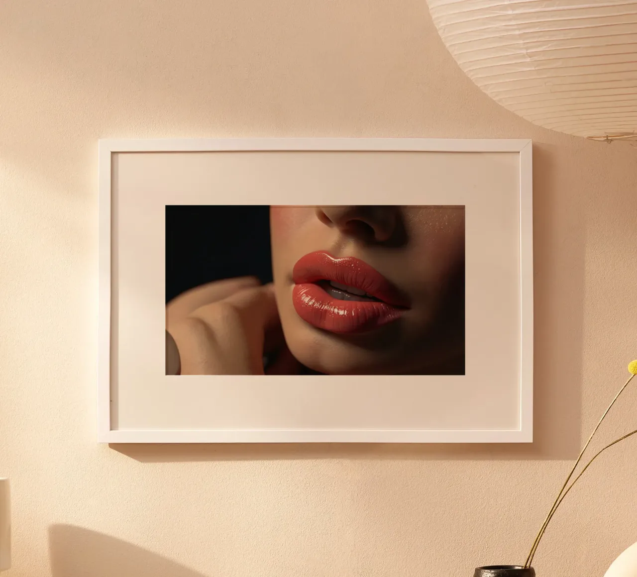 Primo piano delle labbra di una donna che sfoggia un rossetto corallo lucido poster da DesignDoodle