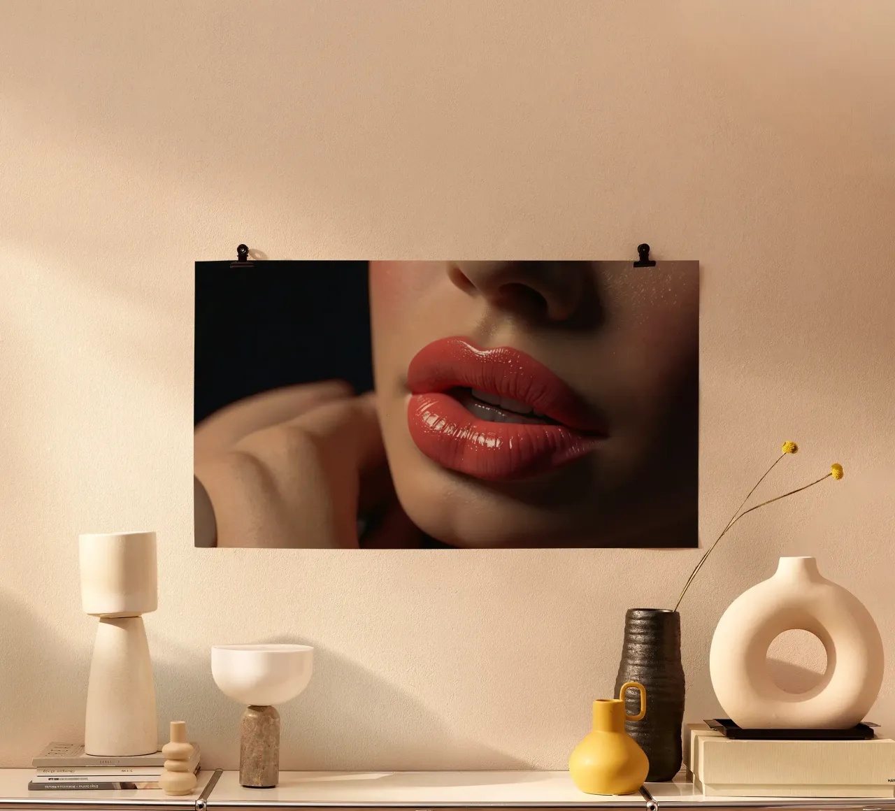 Primo piano delle labbra di una donna che sfoggia un rossetto corallo lucido poster da DesignDoodle