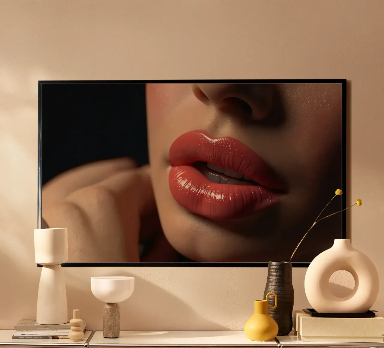 Primo piano delle labbra di una donna che sfoggia un rossetto corallo lucido poster da DesignDoodle