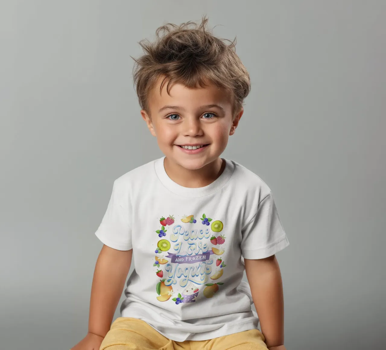 Pace, amore e frozen yogurt. Frutta, divertimento e scritte t-shirt bambini da CalliLetters