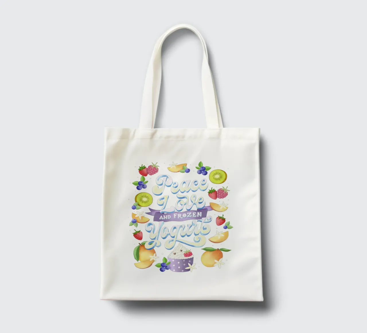 Pace, amore e frozen yogurt. Frutta, divertimento e scritte borsa in juta da CalliLetters