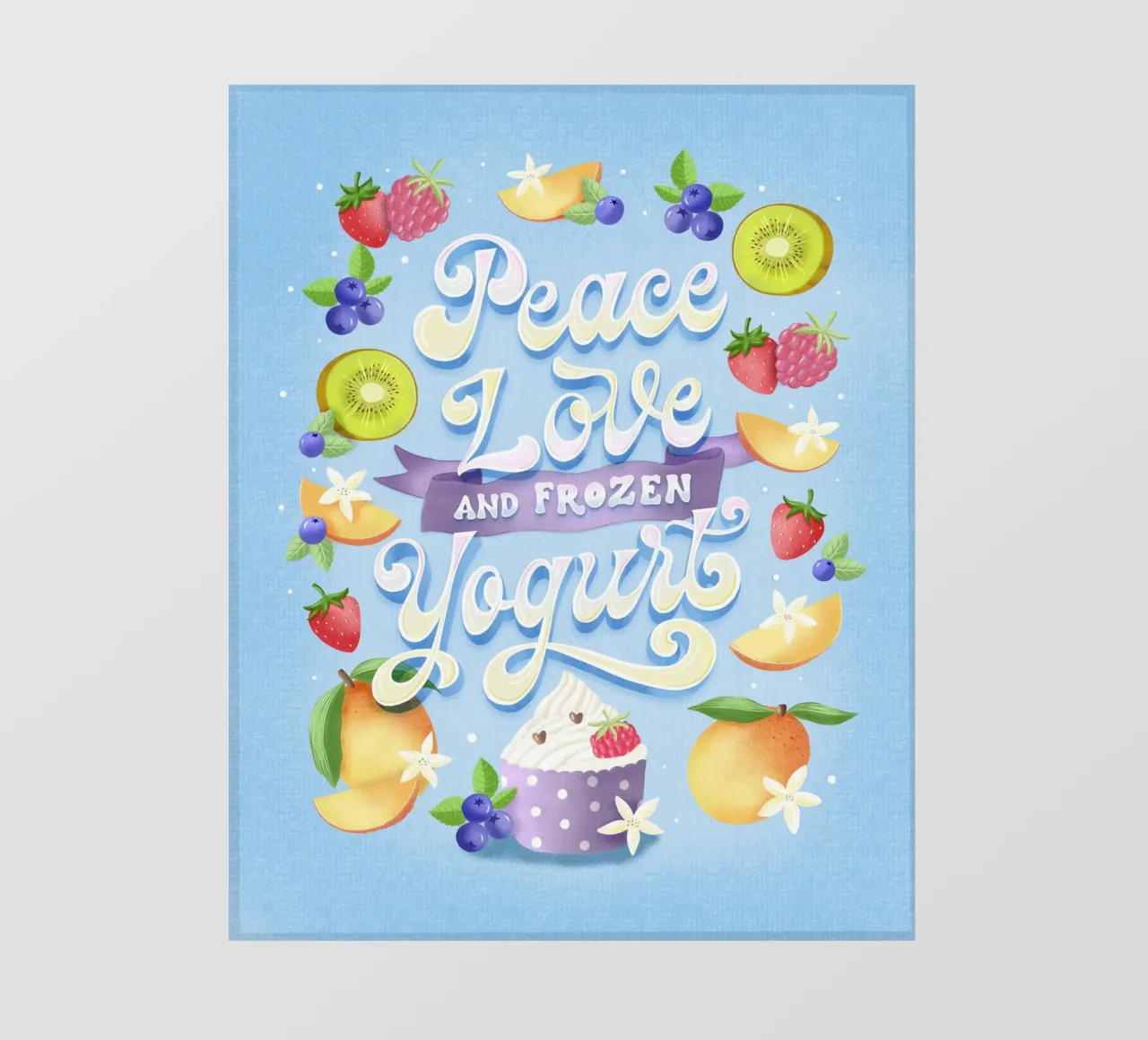 Pace, amore e frozen yogurt. Frutta, divertimento e scritte pellicola backlit da CalliLetters