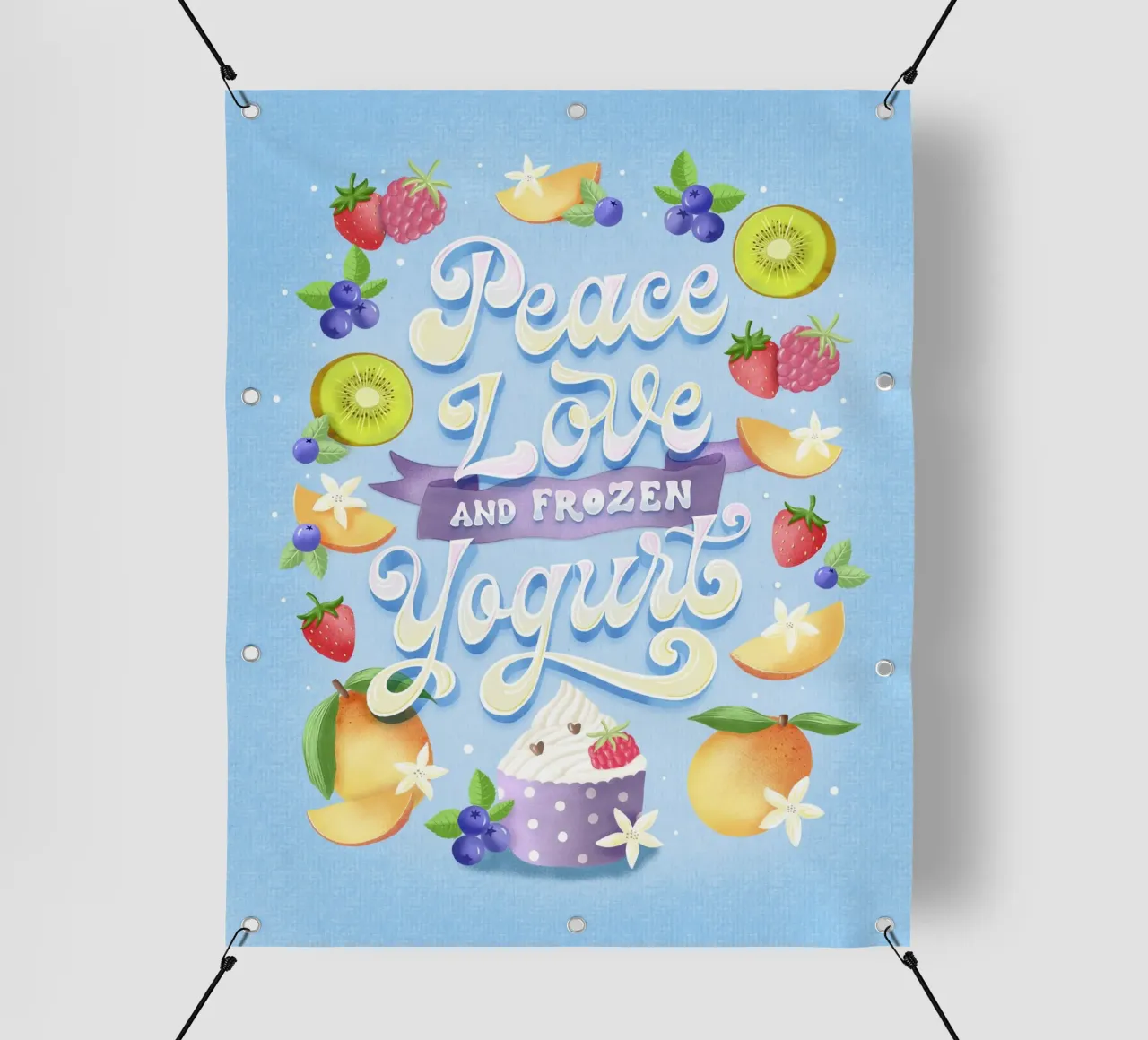 Pace, amore e frozen yogurt. Frutta, divertimento e scritte telo in pvc da CalliLetters