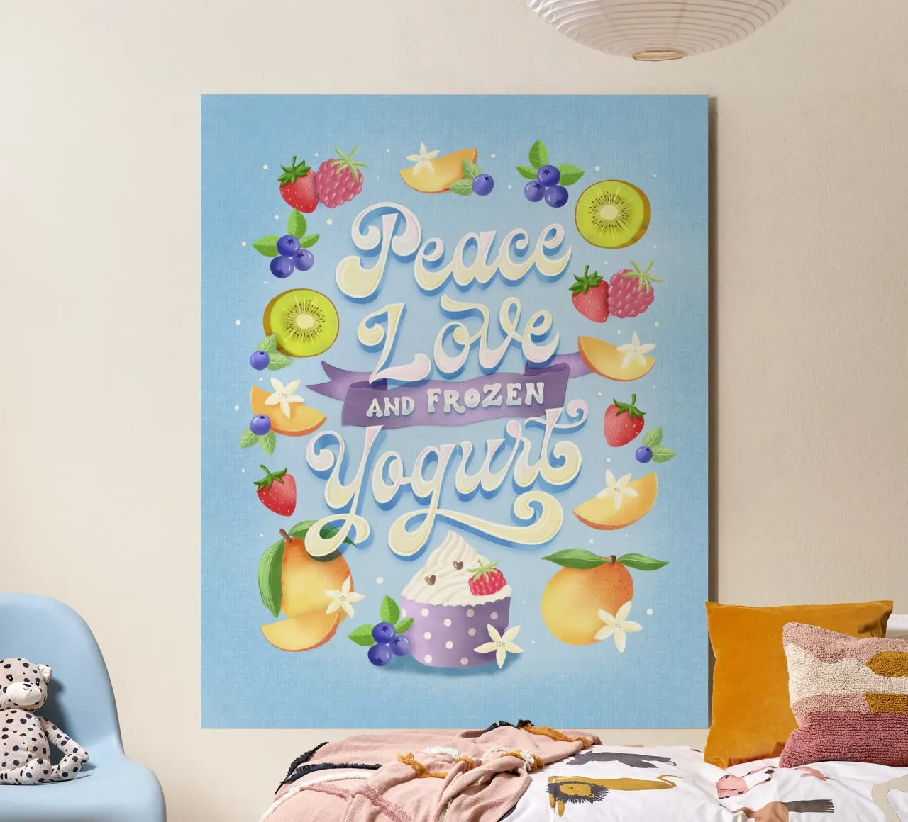 Pace, amore e frozen yogurt. Frutta, divertimento e scritte pannello forex da CalliLetters