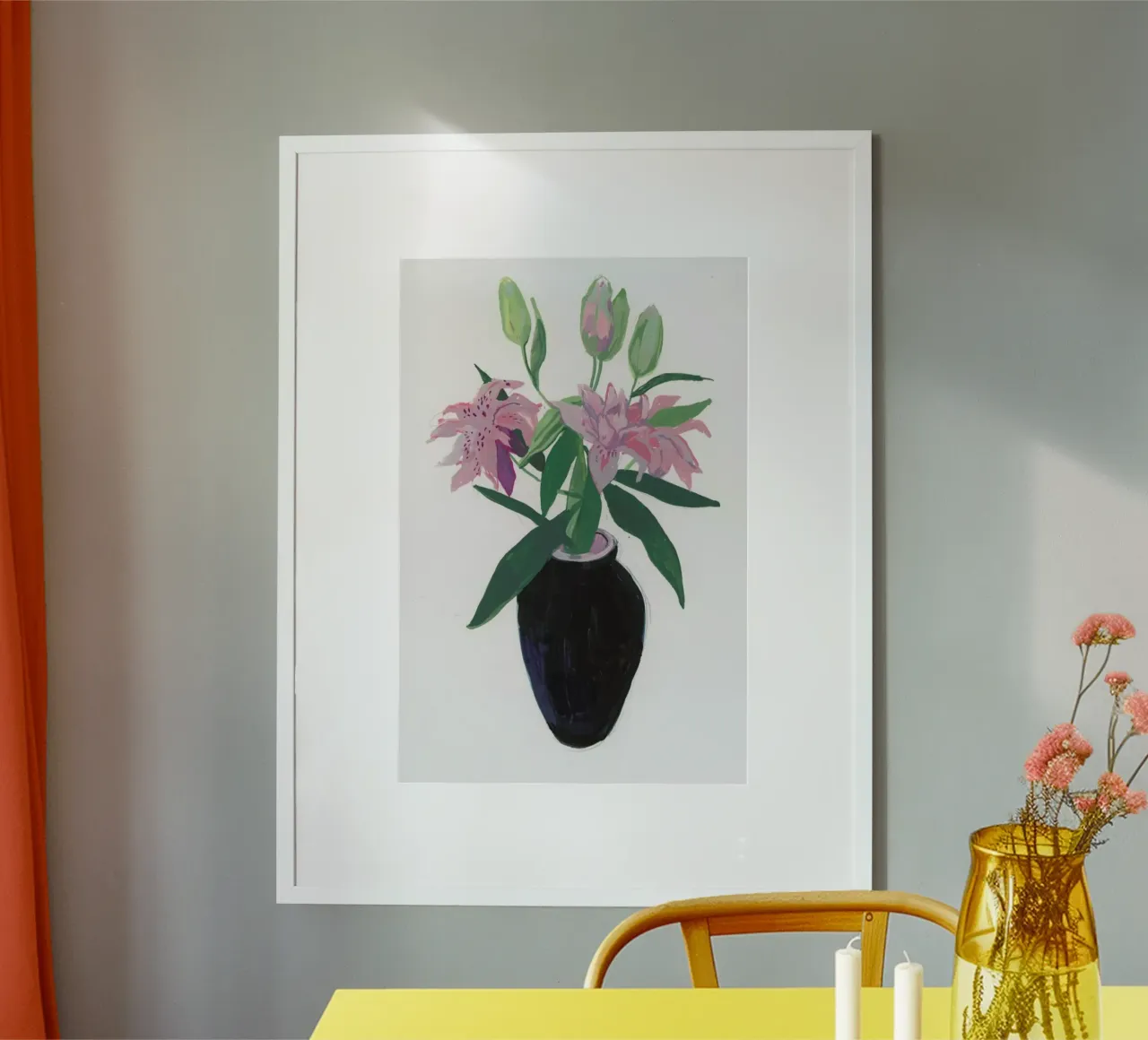 Vase Of Pink Lillies poster con telaio in alluminio da Sonia Brittain