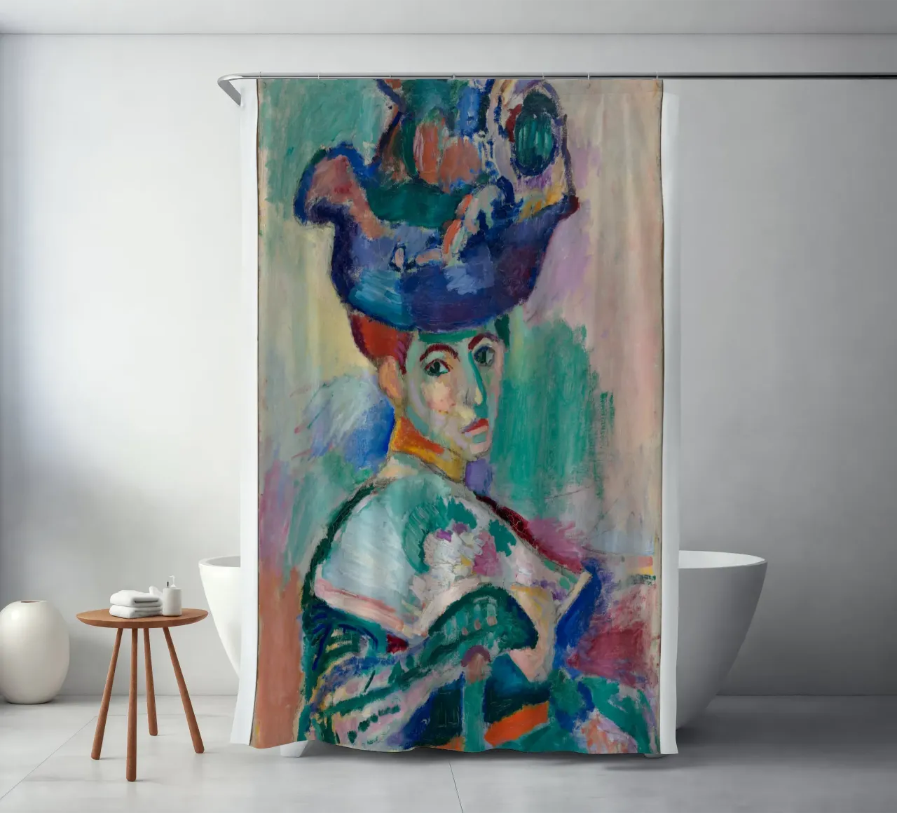 Donna con cappello tenda da doccia da Vonda Shop