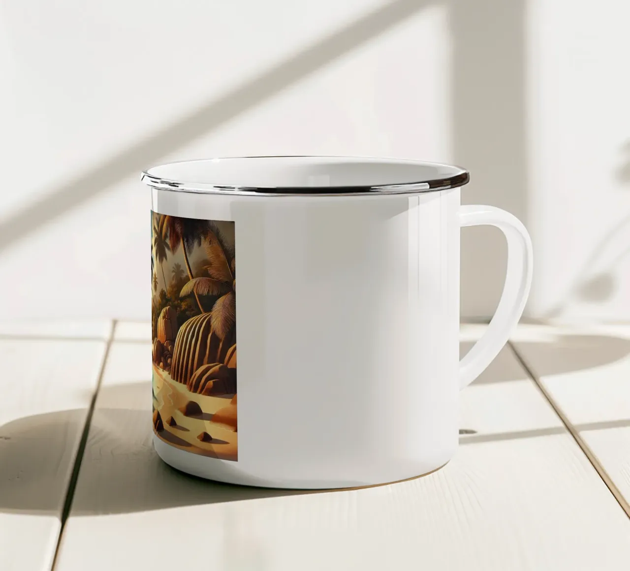 Vintage Seychelles, Ocean Paradise Poster enamel mug by Chromatic Fusion Studio
