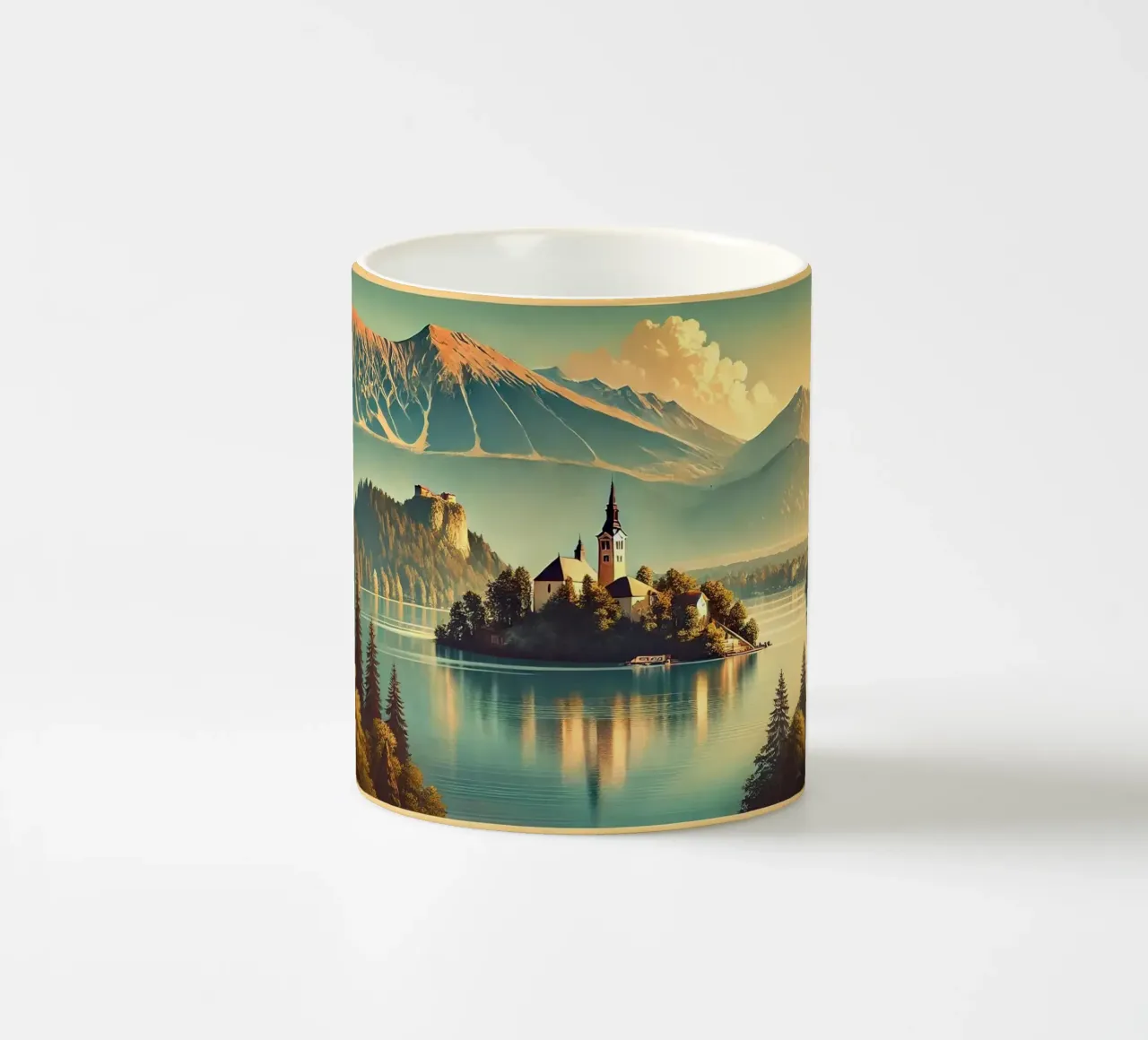 Póster Vintage Eslovenia, Lago Bled taza de cerámica de Chromatic Fusion Studio