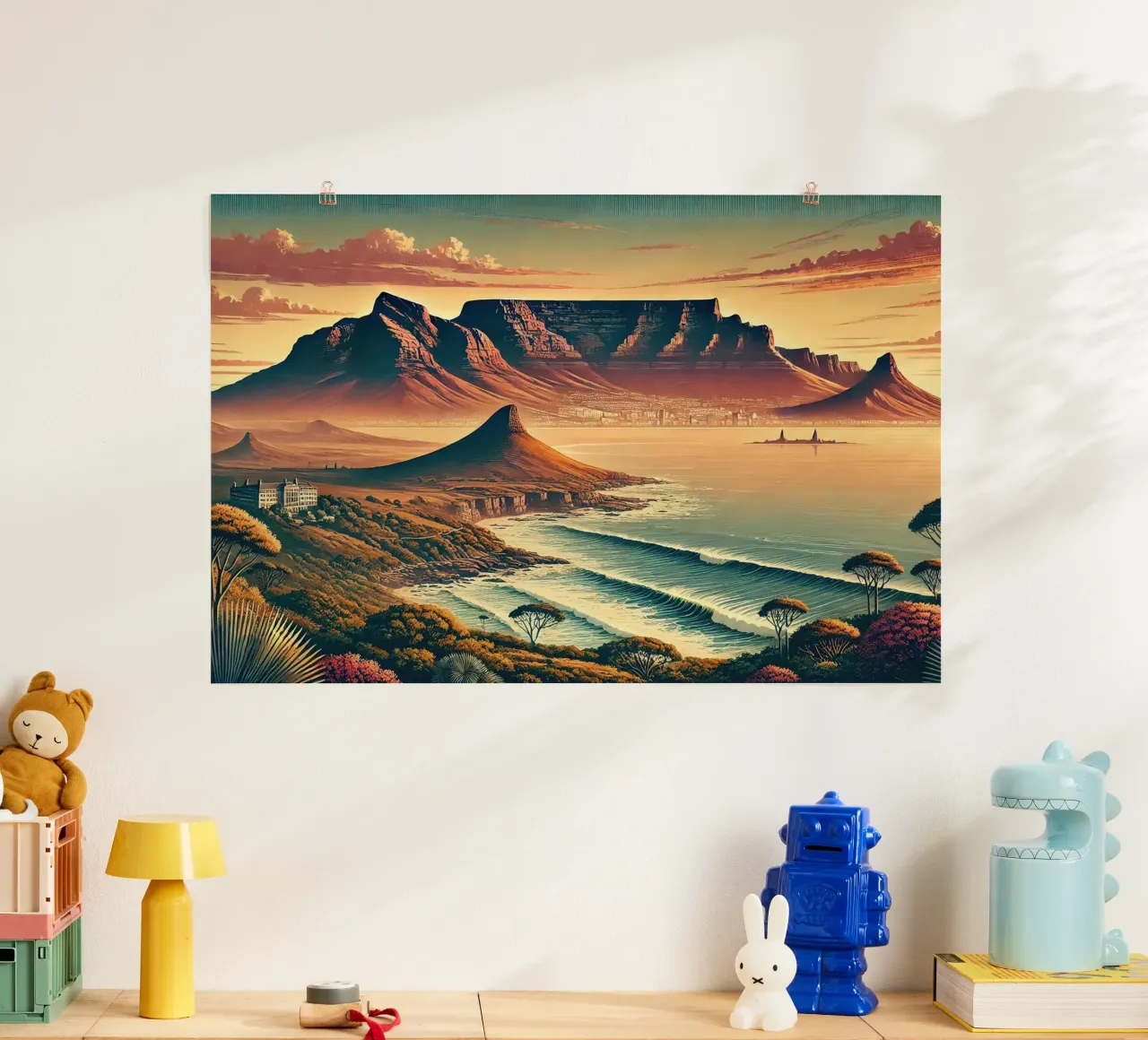 Poster d'epoca del Sudafrica, Table Mountain poster con telaio in alluminio da Chromatic Fusion Studio