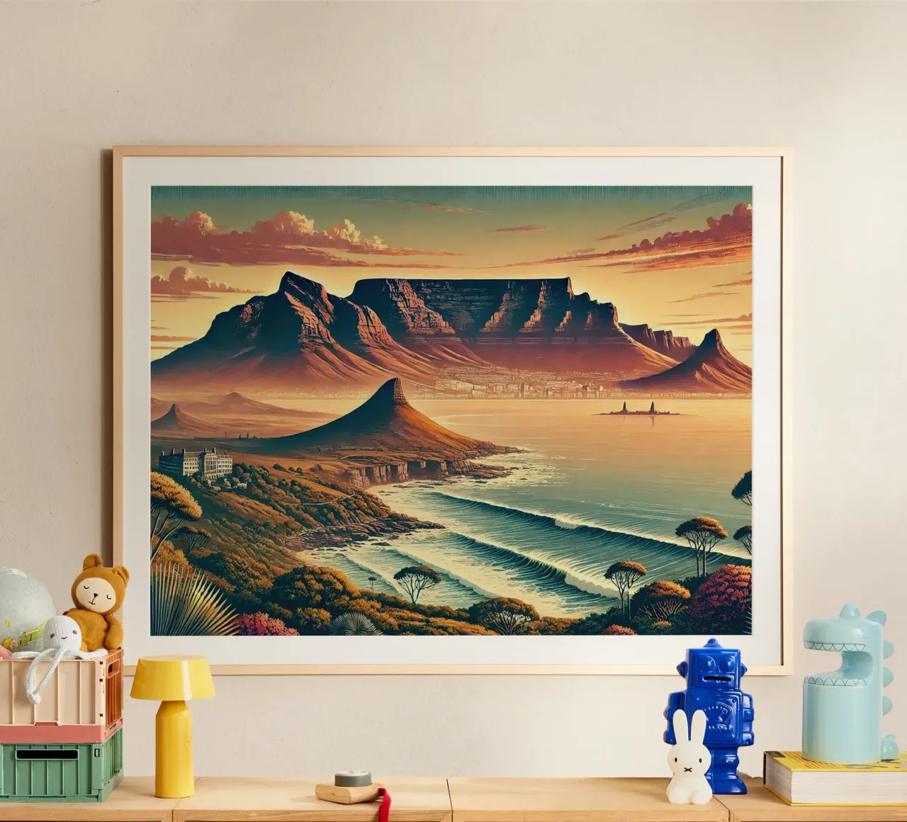Poster d'epoca del Sudafrica, Table Mountain poster con telaio in alluminio da Chromatic Fusion Studio