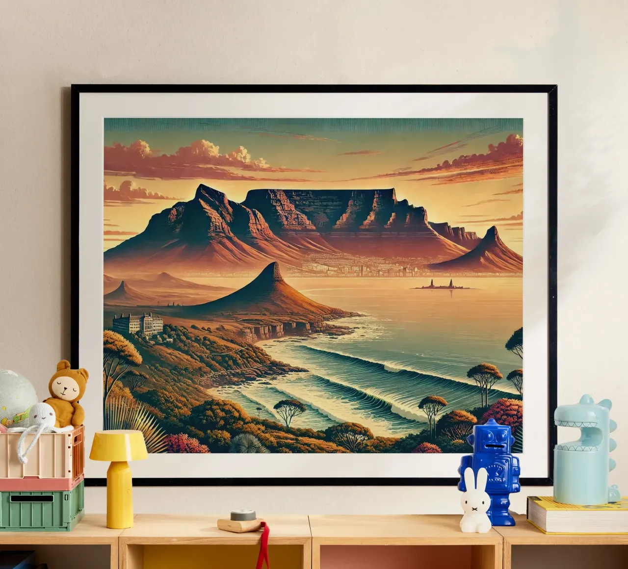 Poster d'epoca del Sudafrica, Table Mountain poster con telaio in alluminio da Chromatic Fusion Studio