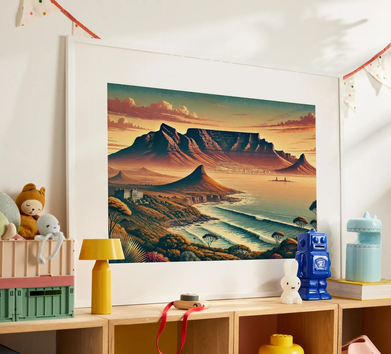 Poster d'epoca del Sudafrica, Table Mountain poster con telaio in alluminio da Chromatic Fusion Studio