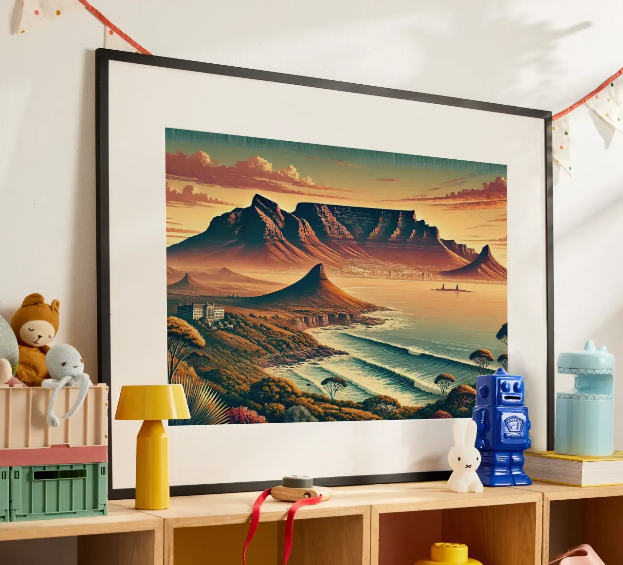 Poster d'epoca del Sudafrica, Table Mountain poster con telaio in alluminio da Chromatic Fusion Studio