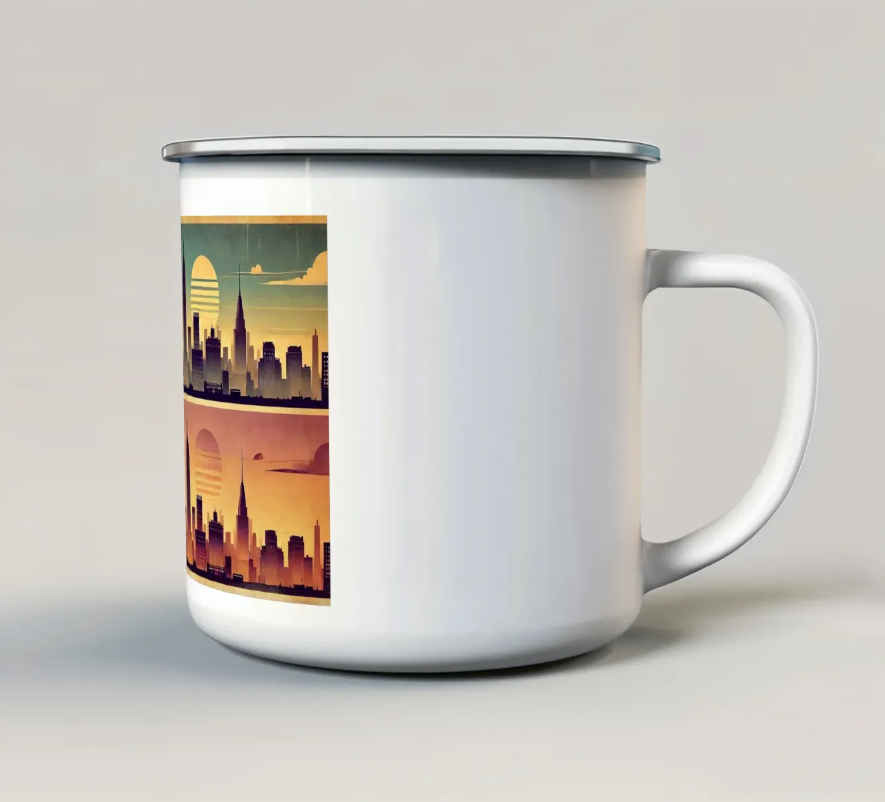 Poster d'epoca con skyline al tramonto tazza in smalto da Chromatic Fusion Studio
