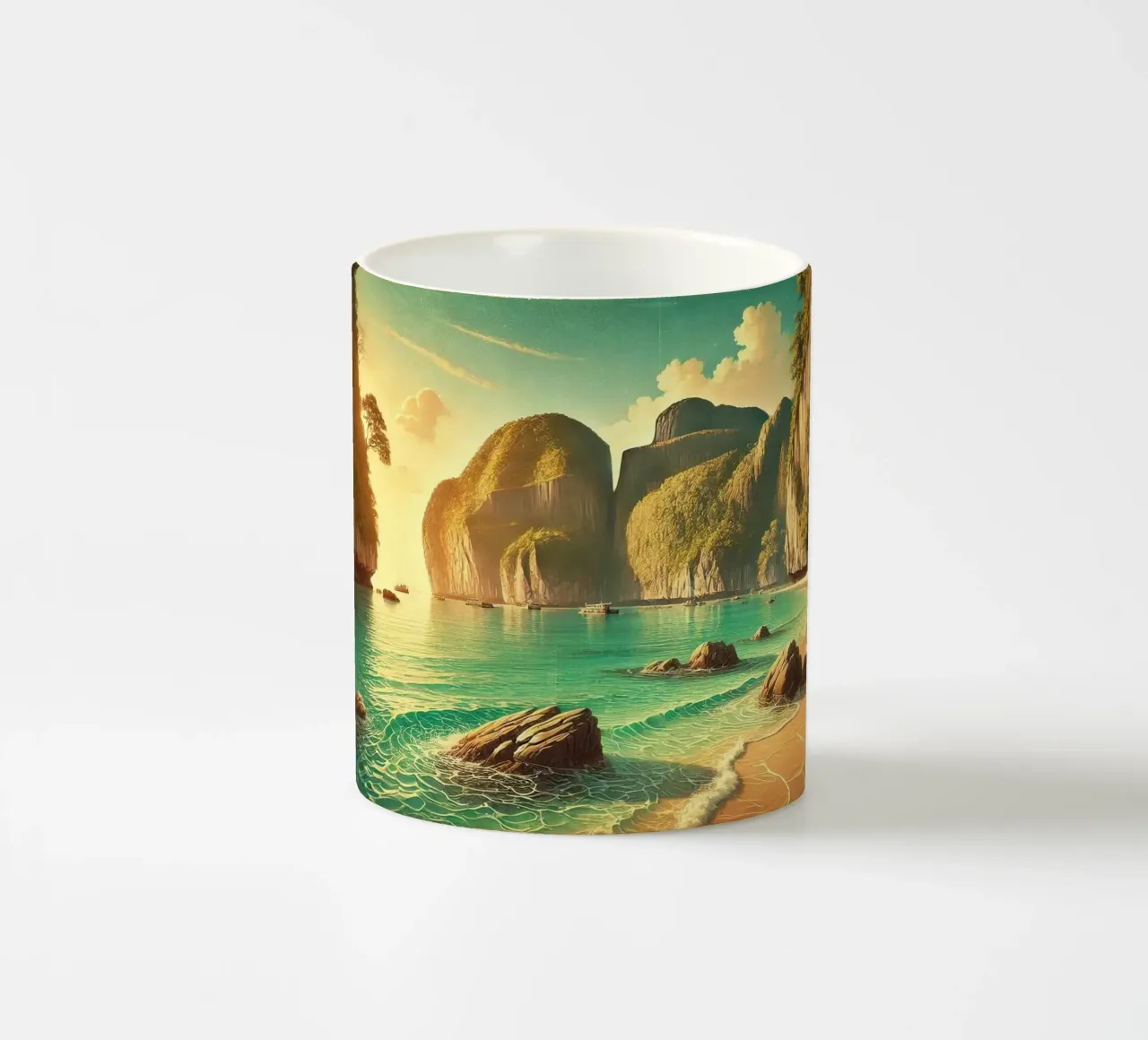 Poster d'epoca sulla Thailandia, Isole Phi Phi tazza in ceramica da Chromatic Fusion Studio