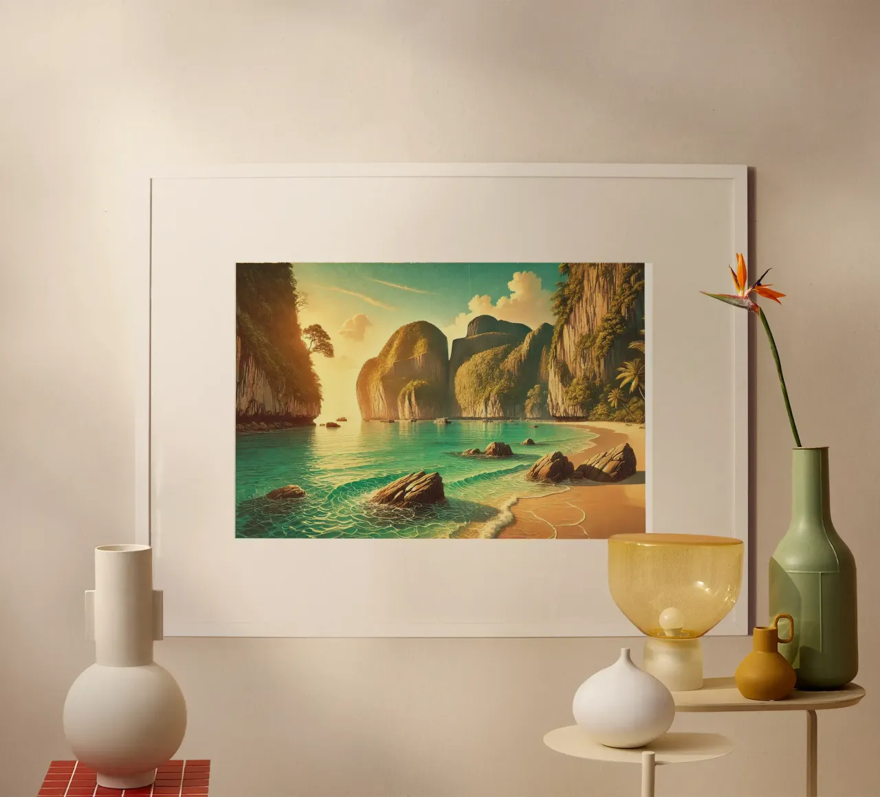 Vintage Thailand, Phi Phi Eilanden Poster poster met houten frame van Chromatic Fusion Studio