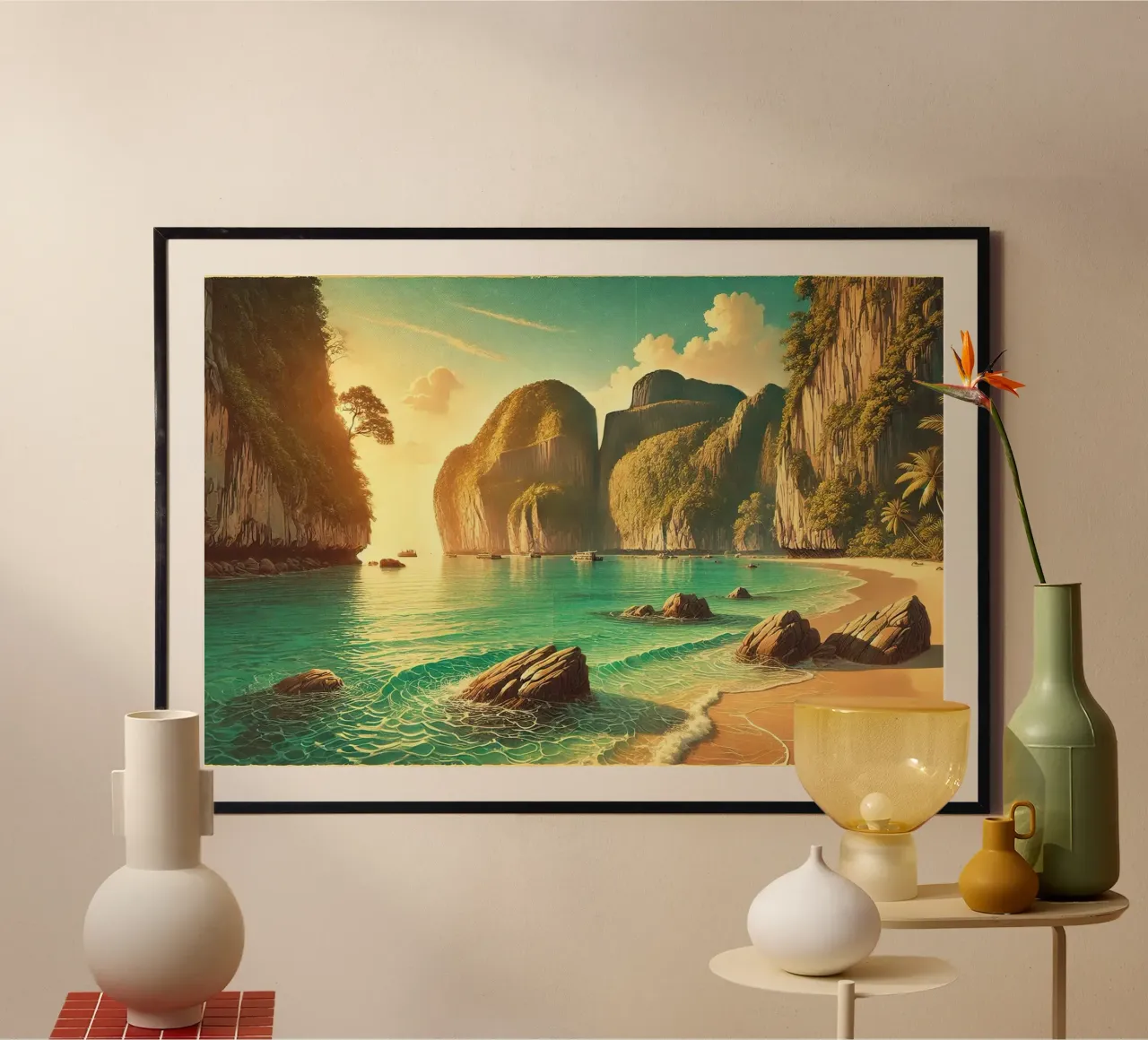 Vintage Thailand, Phi Phi Eilanden Poster poster met houten frame van Chromatic Fusion Studio