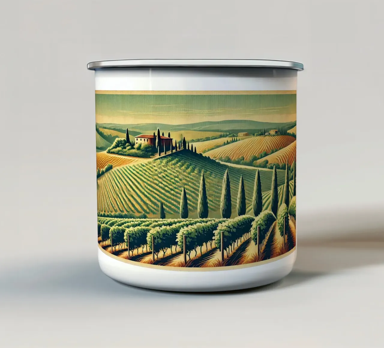 Poster Vintage Vineyard Serenity tazza in smalto da Chromatic Fusion Studio
