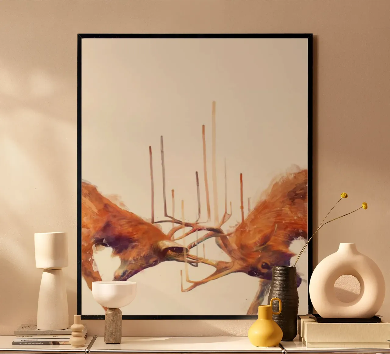 amy hamilton lotta tra due cervi poster con telaio in alluminio da kbm store