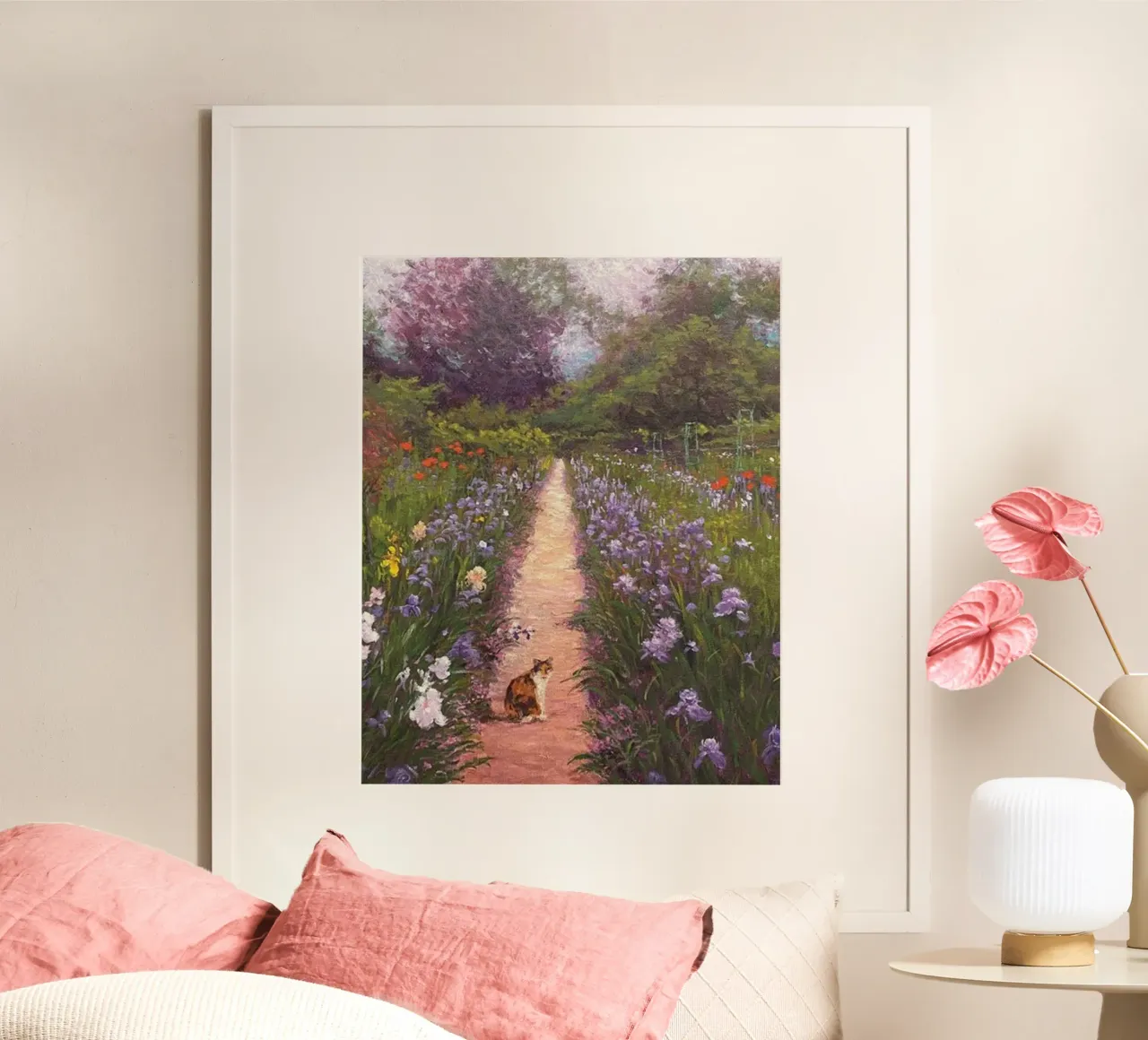 gatto tra i fiori selvatici amy hamilton poster con telaio in legno da belong shop