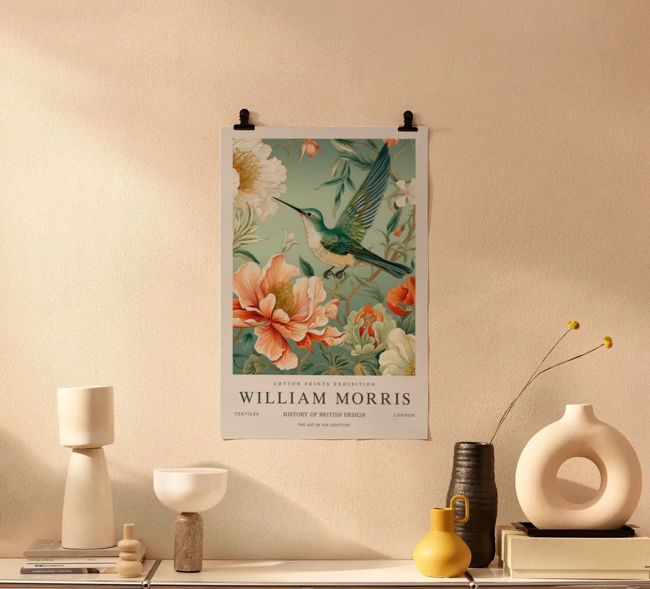 uccello del miele appollaiato su una rosa william morris poster con telaio in alluminio da komo store
