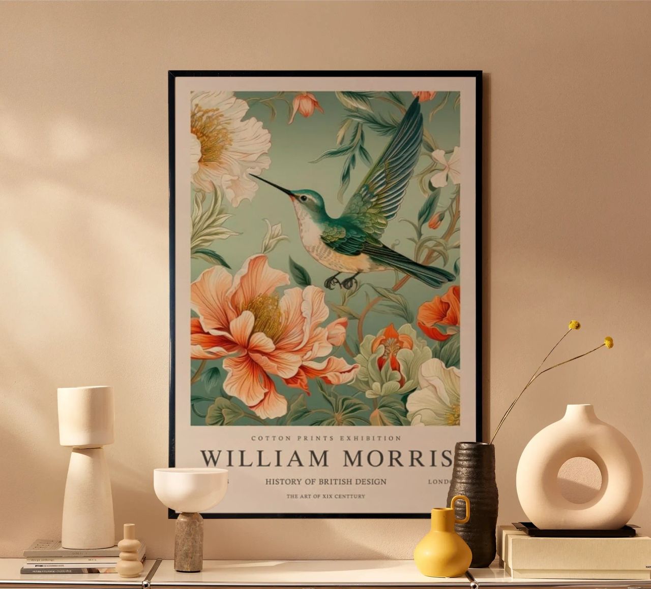 honey bird perched on a rose william morris poster by komo store