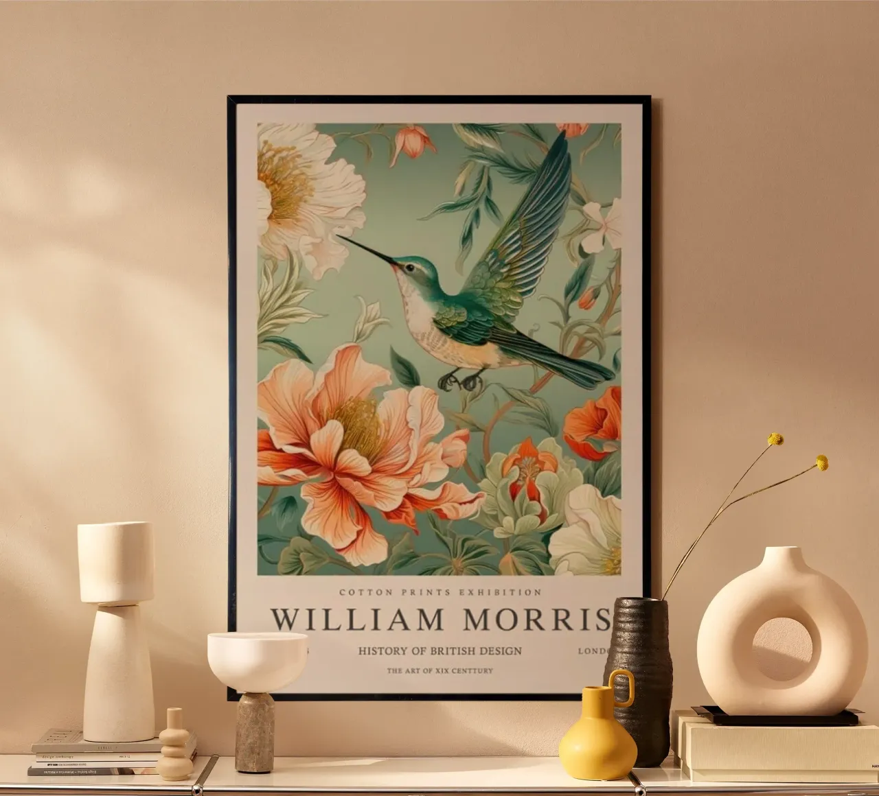 uccello del miele appollaiato su una rosa william morris poster con telaio in alluminio da komo store